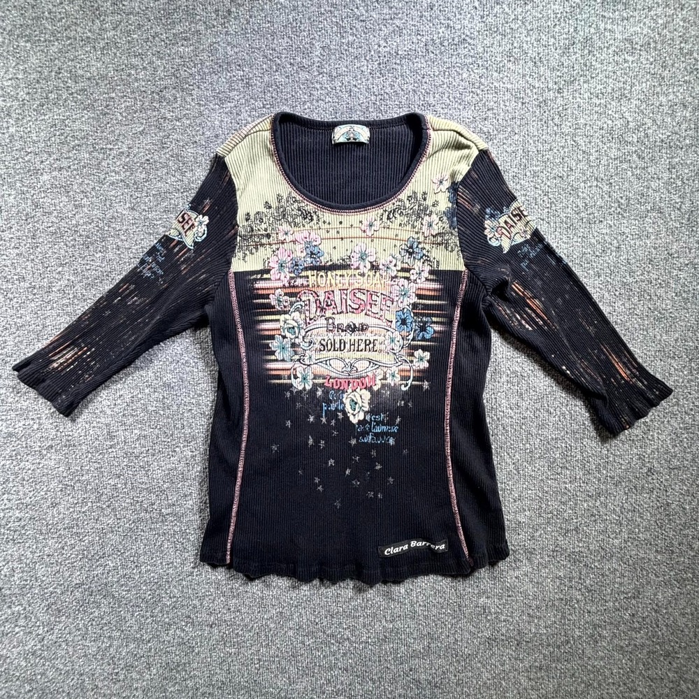 VTG Vanilla Sugar Thermal Shirt Womens 2X Black Floral Graphic Ribbed 3/4 Sleeve